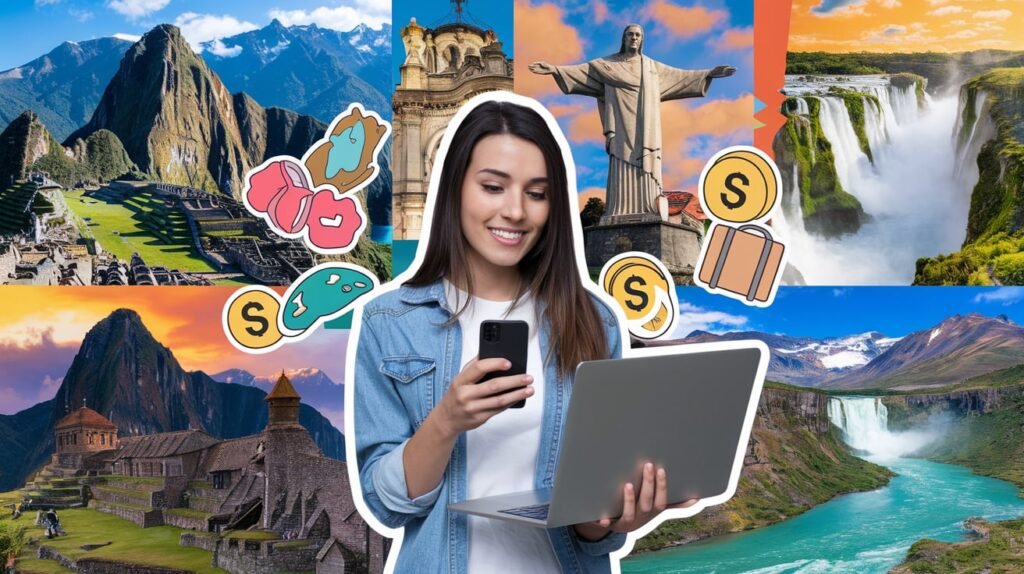 Collage of South American landmarks with a travel influencer promoting South America Travel Affiliate Programs