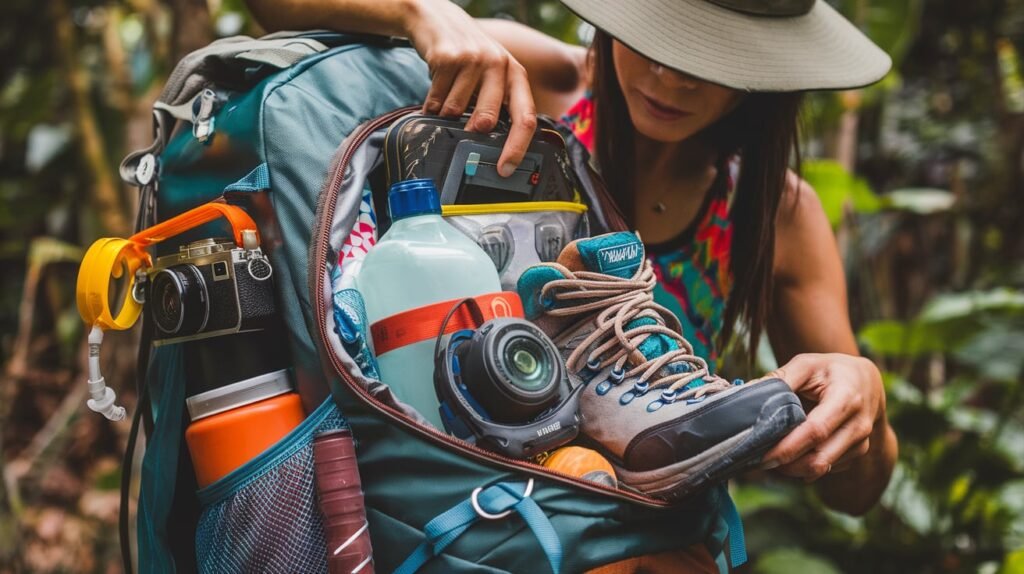 Travel influencer packing hiking gear for South America Travel Affiliate Programs.