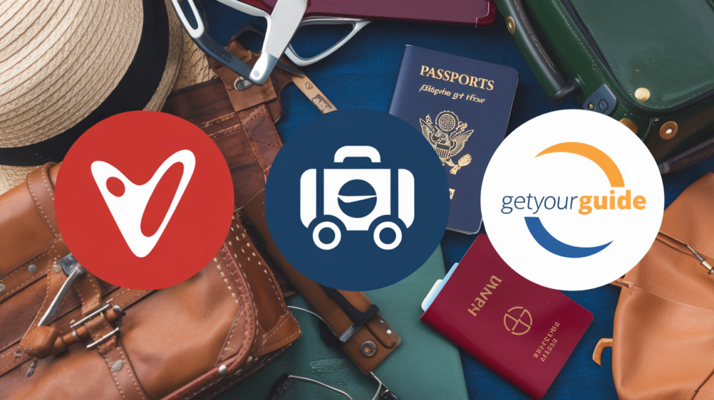 Visual icons of Viator, GetYourGuide, and Expedia over a travel-themed background representing USA tour affiliate programs.