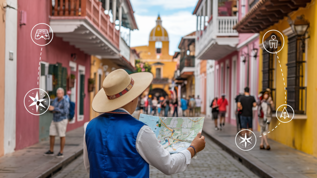 Tourists enjoying a guided cultural tour in Cartagena through South America Travel Affiliate Programs.