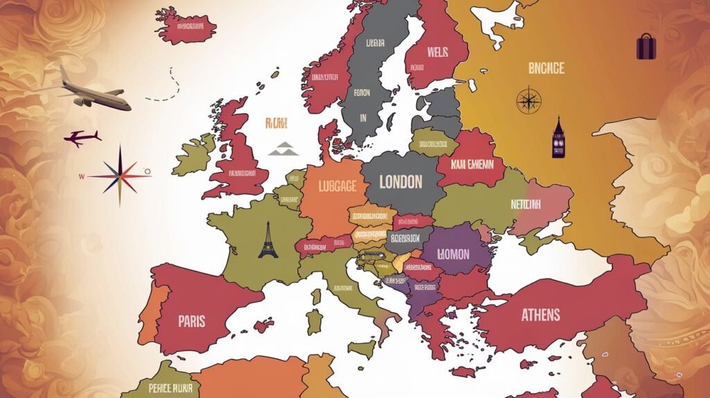 A vibrant map of Europe showcasing key travel destinations for affiliates, including Paris, Rome, and London.