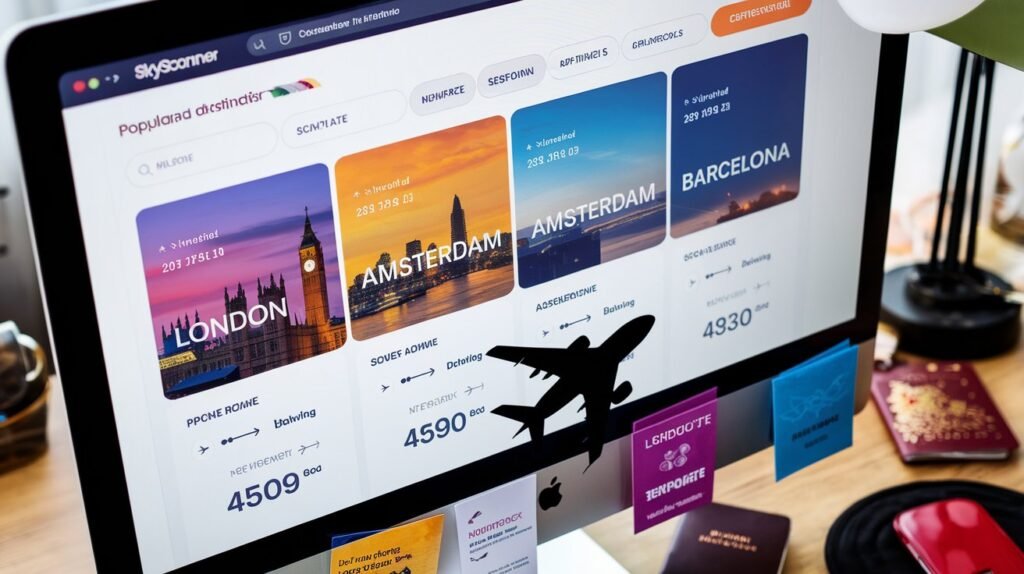 Skyscanner’s flight search interface displaying deals to European cities for affiliate promotions.