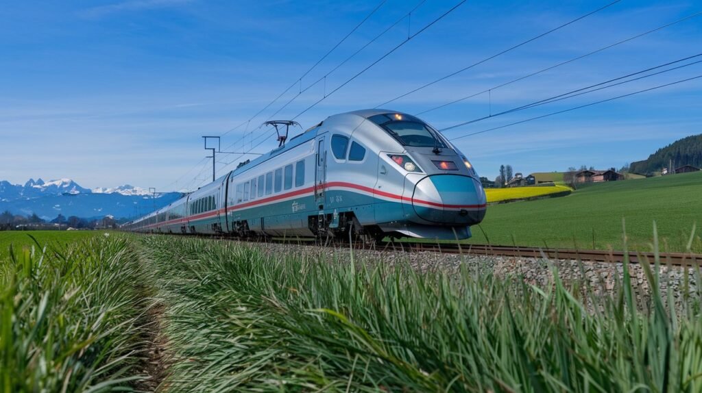 A Eurail train traveling through scenic European countryside for affiliate promotions.