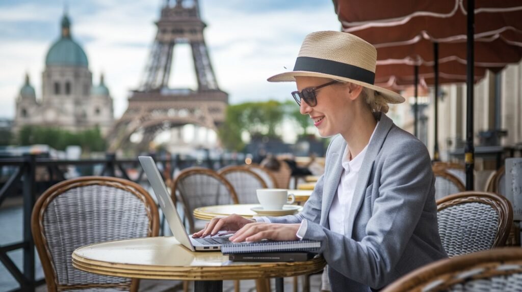 A travel blogger creating affiliate content at a scenic European café for travel affiliates. -Travel Affiliate for Europe